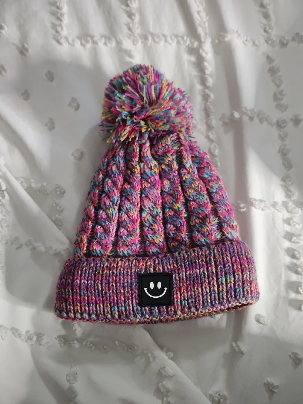 Kids Multicolor Pom Pom Beanie Hat with Smile Patch